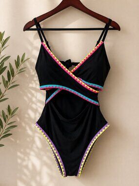 Popvil One Piece Swimsuit Women Medium Black Neon Trim Cutout Strappy Back NWT